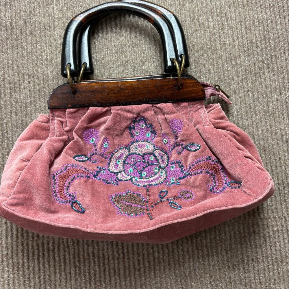 Y2K Avon Mauve Pink Velvet Beaded Stitched design Handbag Wood Handles Embroider